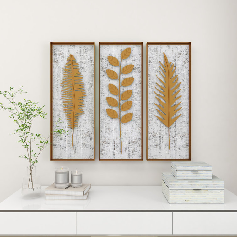 Everly Quinn Goodfellow 3 Piece Gold Metal Framed 3D Leaf Wall